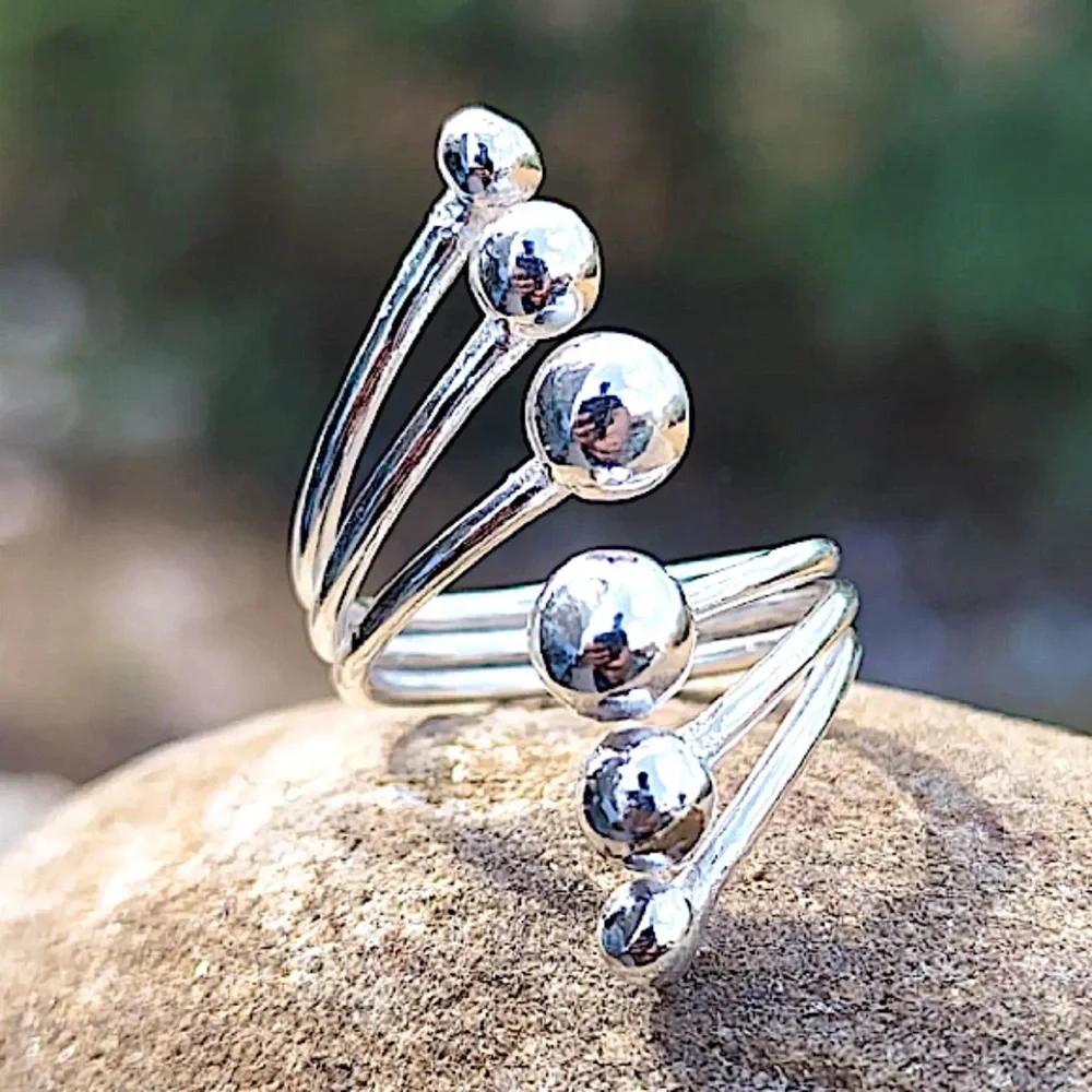 Sterling Silver Beaded Ball Bracelet Cuff Bangle Matching Ring Set